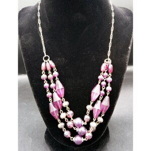 Beaded Necklace Purple Pink Silver Tiered Adjustable Vintage Jewelry 20 Inches